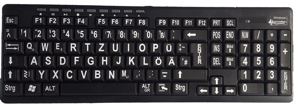 Großschrift-Funktastatur mit Maus, Multimediatasten, schwarz mit weißen Buchstaben