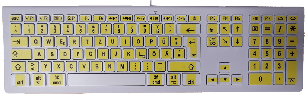 silber-weiße USB-Tastatur für Apple Macintosh, mit gelbem Hintergrund