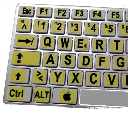 silber-weiße USB-Tastatur für Apple Macintosh, mit gelbem Hintergrund