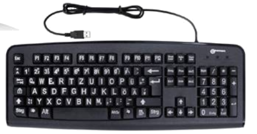 Tastatur für Sehbehinderte, schwarz mit weißer Schrift, USB