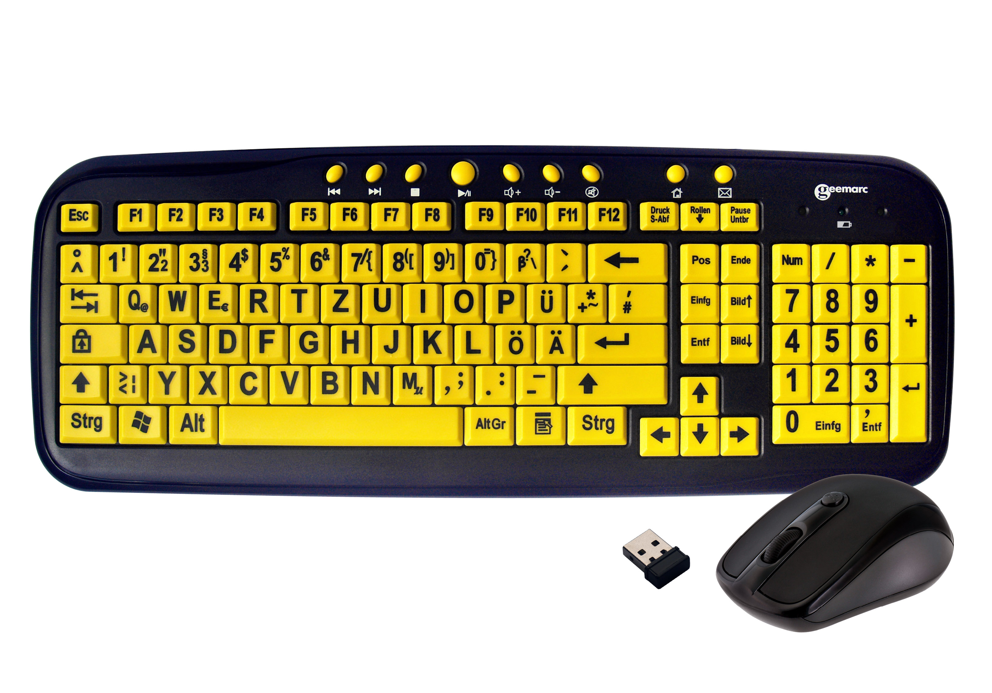 Funk-Tastatur für Sehbehinderte, gelb mit schwarzer Schrift, inkl. Maus