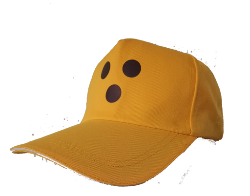Kappe, Basecap, gelb mit 3 schwarzen Punkten an der Vorderseite