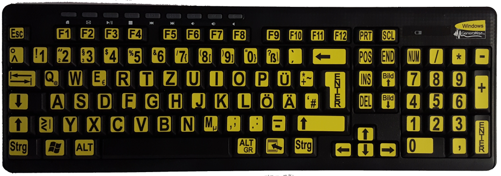 Großschrift-Funktastatur mit Maus, Multimediatasten, schwarz mit schwarzen Buchstaben auf gelb