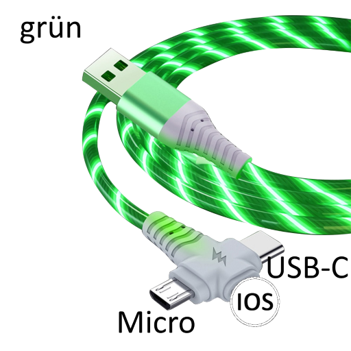 USB Kabel, USBC + Micro + iOS Lade- und Datenkabel, grün, leuchtend, 1m