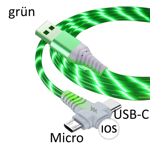 USB Kabel, USB-C + Micro + iOS Lade- und Datenkabel, grün, leuchtend, 1m